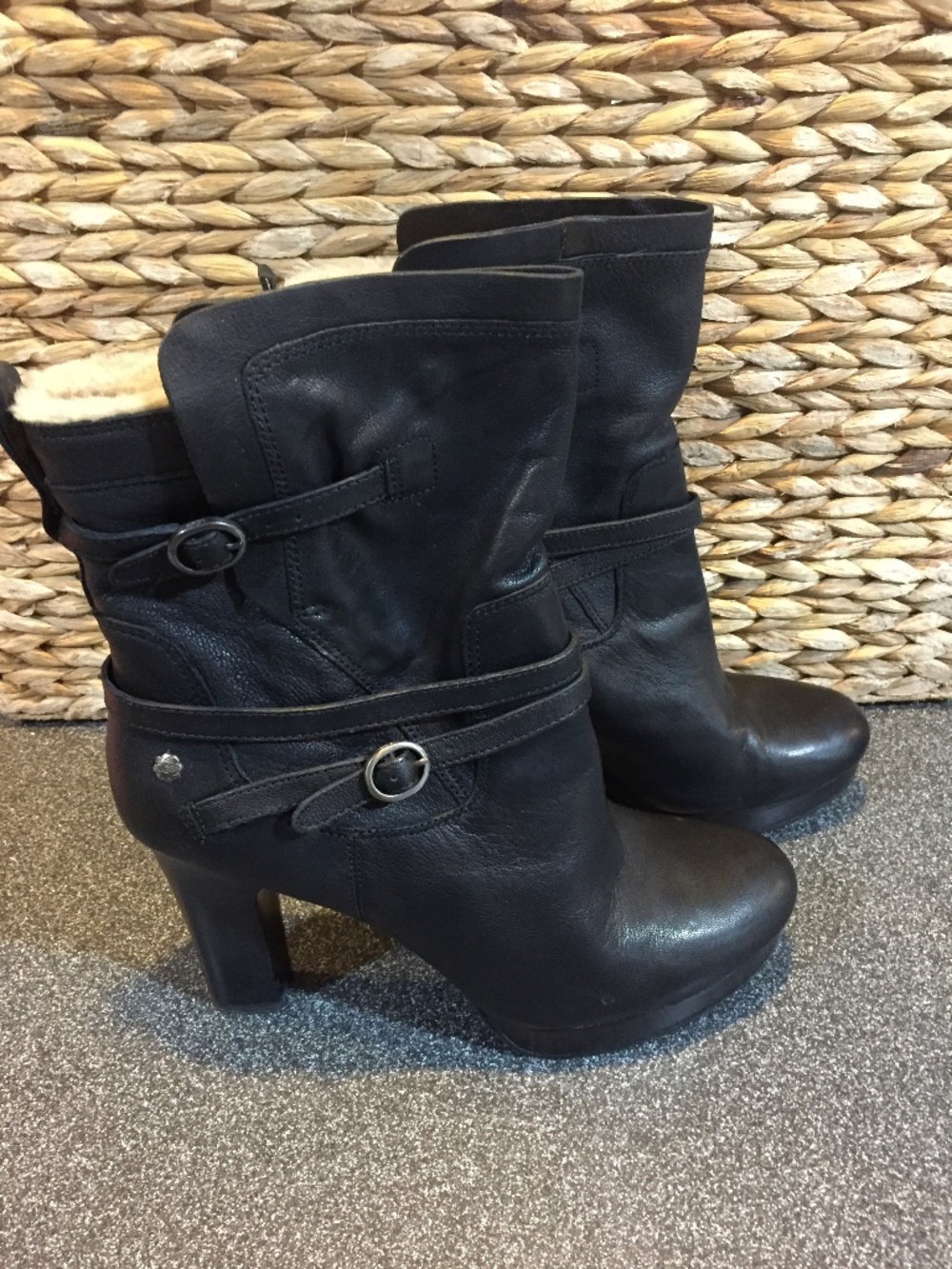 UGG Black Leather Heeled Boots